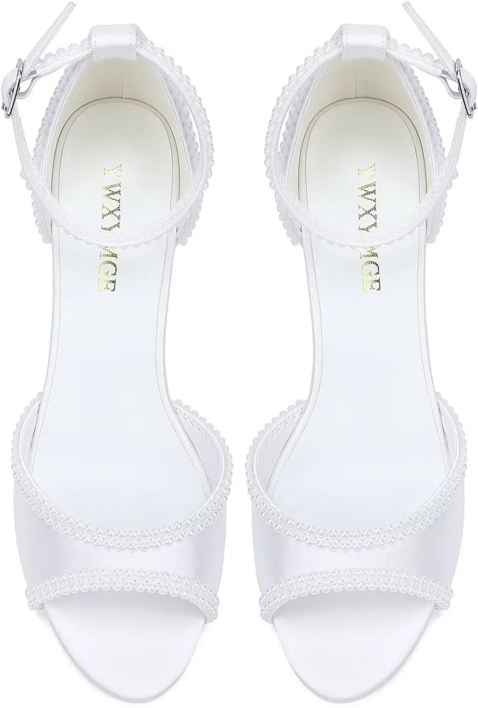 Low Heel Wedding Shoes for Bride Peep Toe Pearl Bridal Shoes Ankle Buckle Strap Wedding Heels