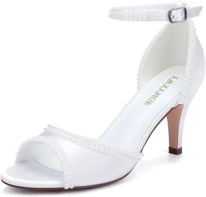 Low Heel Wedding Shoes for Bride Peep Toe Pearl Bridal Shoes Ankle Buckle Strap Wedding Heels