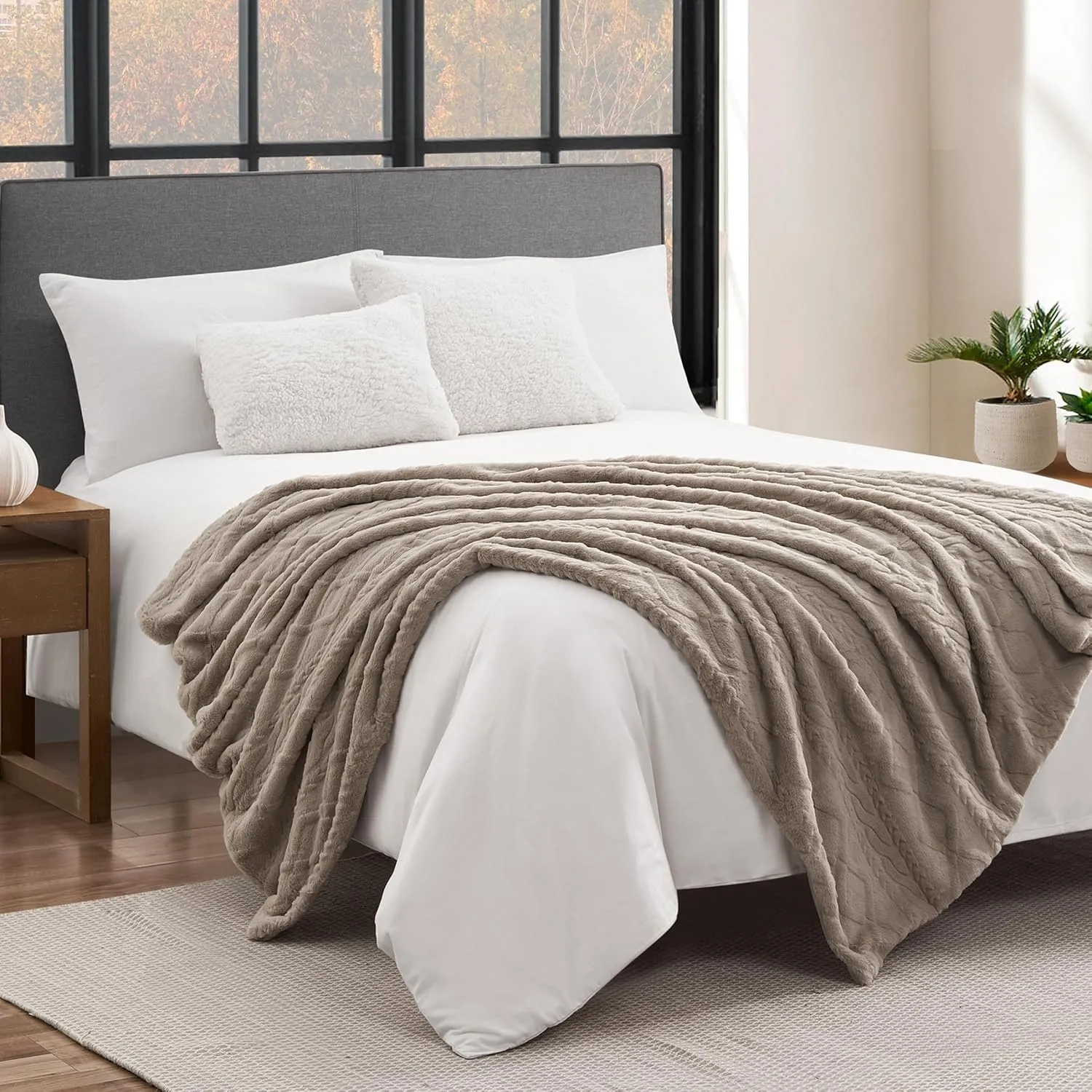 Lucky Brand Embossed Cable Rabbit Faux Fur Throw Blanket - Tan - 50"X70" - Plush & Soft