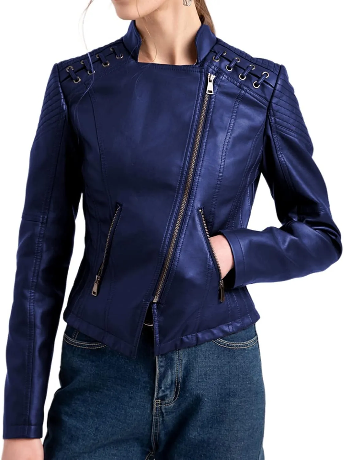 Lu's Chic Women's Motorcycle Jacket Fashion Dressy Vegan Leather Biker Coat Light Slim Fit Crop Blazer Moto Jacket