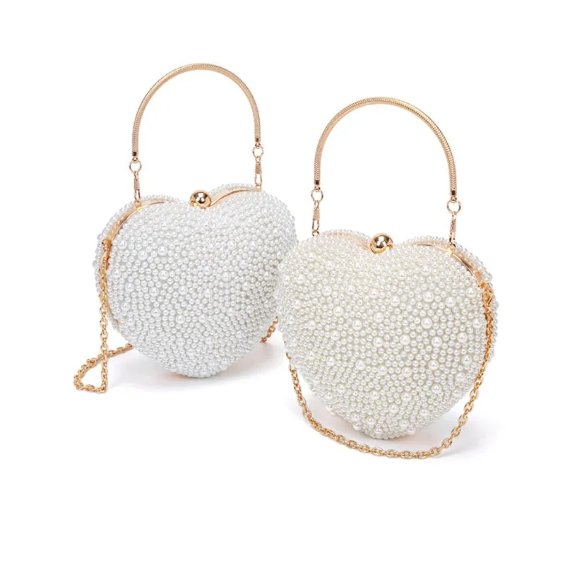 Luxurious PU Minimalist Heart Wedding Party Clutch Bag with Pearls