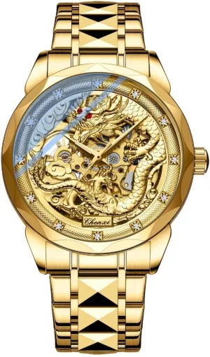 Luxury Golden Skeleton Dial Automatic Mechanical Watch Chinese Nation Culture and Art 3D Embossed Dragon Pattern Watch Luminous Stainless Steel Watches for Men