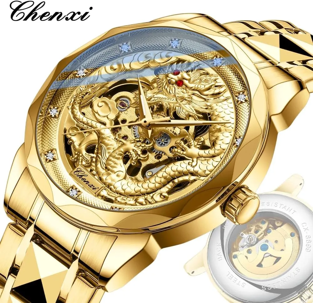 Luxury Golden Skeleton Dial Automatic Mechanical Watch Chinese Nation Culture and Art 3D Embossed Dragon Pattern Watch Luminous Stainless Steel Watches for Men