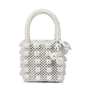 Luxury Square Top Handle Pearl Bucket Bag - White