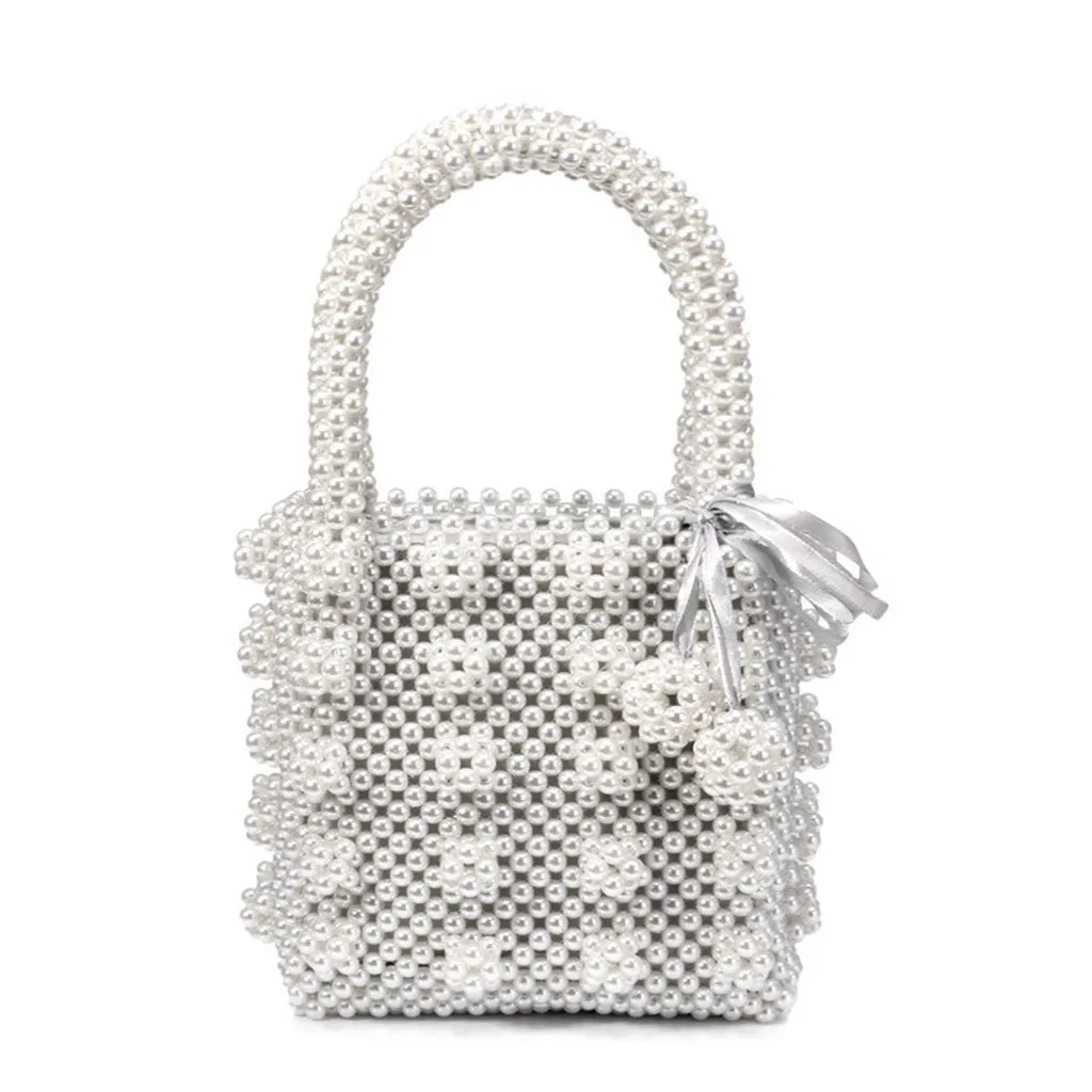 Luxury Square Top Handle Pearl Bucket Bag - White