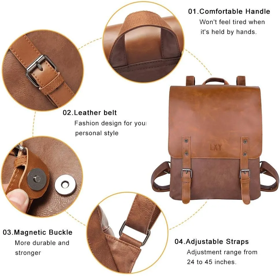 LXY Vegan Leather Backpack Vintage Laptop Bookbag for Women Men, Brown Faux Leather Backpack Purse Bookbag Weekend Travel Daypack