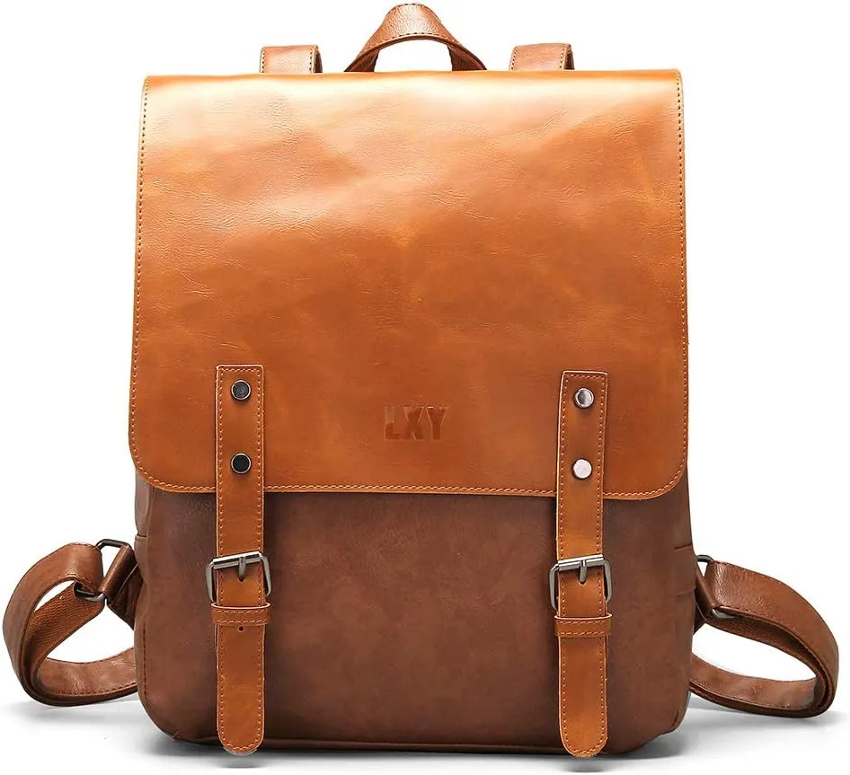 LXY Vegan Leather Backpack Vintage Laptop Bookbag for Women Men, Brown Faux Leather Backpack Purse Bookbag Weekend Travel Daypack