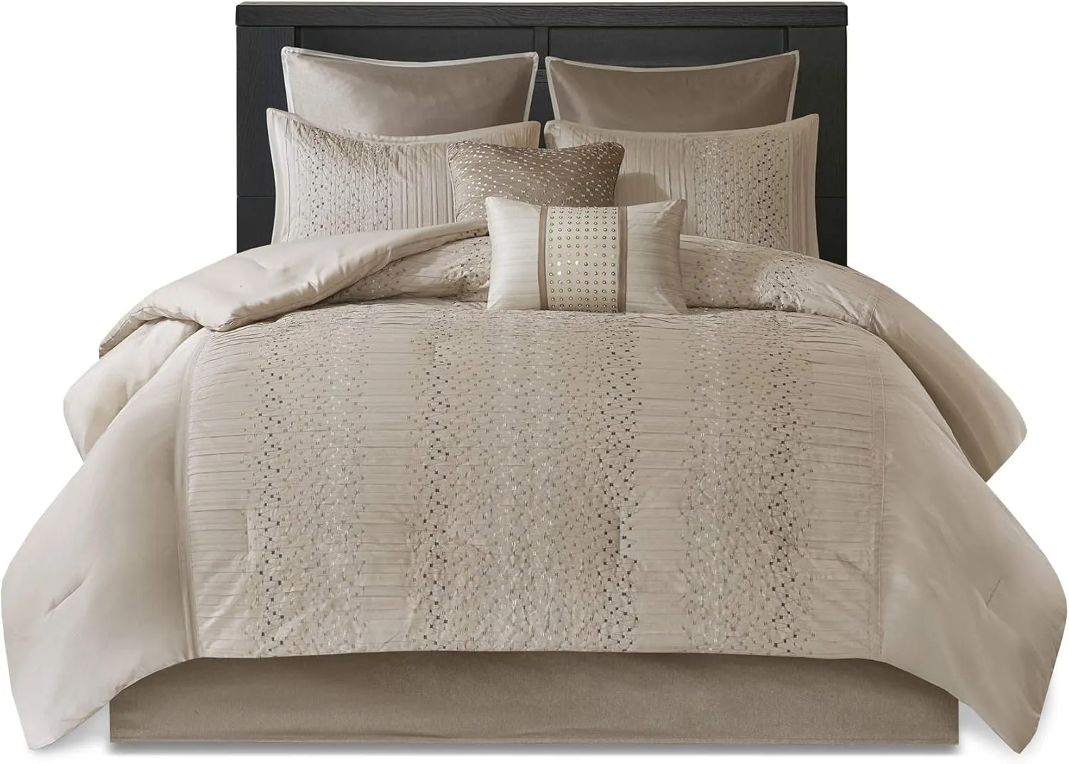 Madison Park Camelia Cozy Comforter Set-Trendy Design All Season Down Alternative Luxury Bedding with Matching Shams, Decorative Pillows, King (104 in x 92 in), Natural 8 Piece