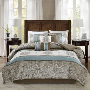Madison Park Comforter Faux Silk-Traditional Luxurious Jacquard Design All Season Set, Matching Bed Skirt, Decorative Pillows, Cal King(104"x92"), Blue 7 Piece