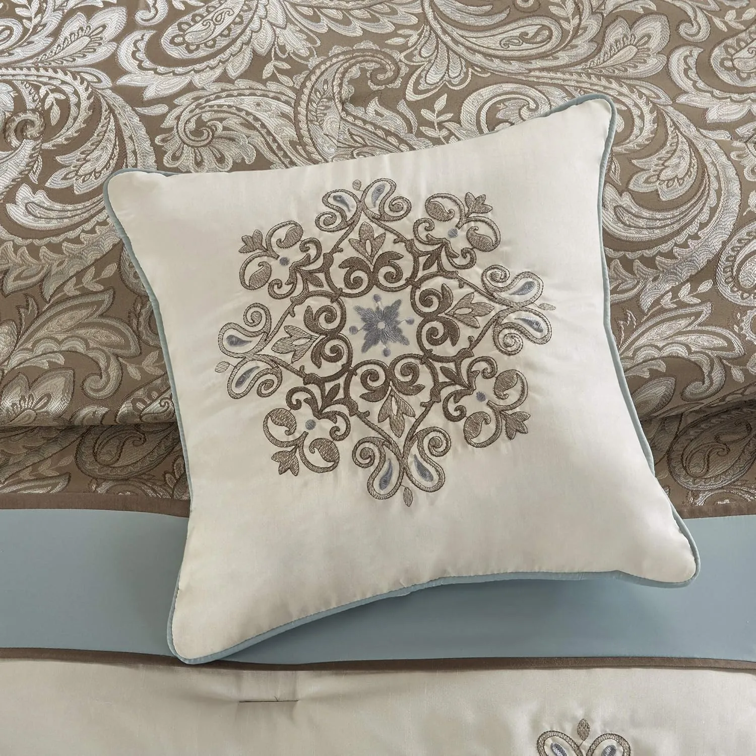 Madison Park Comforter Faux Silk-Traditional Luxurious Jacquard Design All Season Set, Matching Bed Skirt, Decorative Pillows, Cal King(104"x92"), Blue 7 Piece