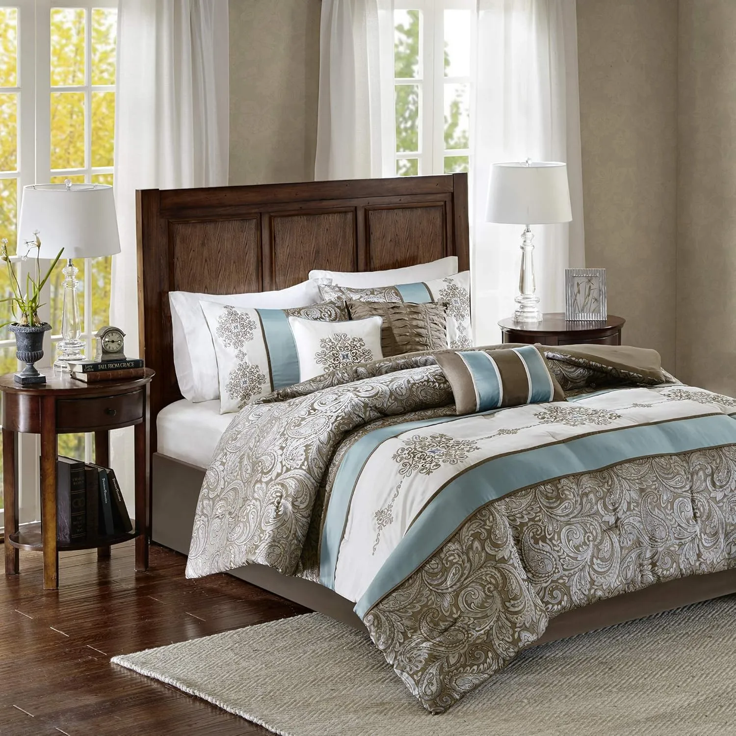Madison Park Comforter Faux Silk-Traditional Luxurious Jacquard Design All Season Set, Matching Bed Skirt, Decorative Pillows, Cal King(104"x92"), Blue 7 Piece