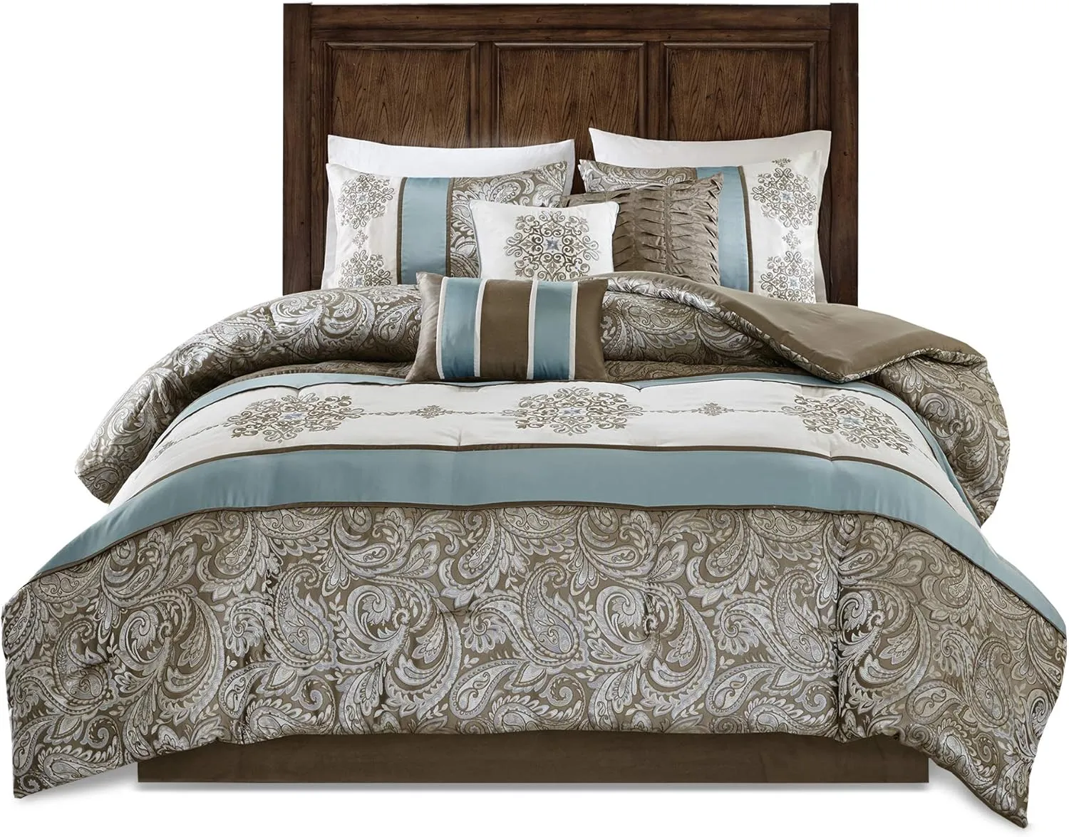 Madison Park Comforter Faux Silk-Traditional Luxurious Jacquard Design All Season Set, Matching Bed Skirt, Decorative Pillows, Cal King(104"x92"), Blue 7 Piece