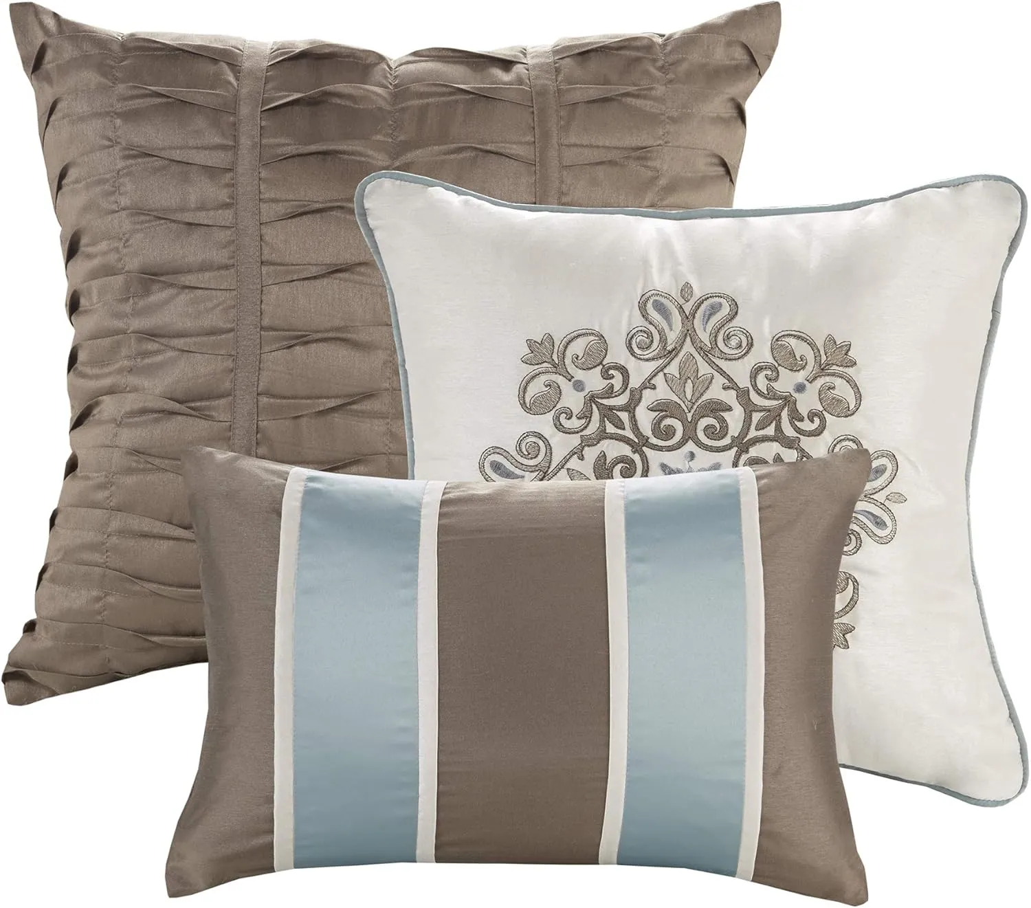Madison Park Comforter Faux Silk-Traditional Luxurious Jacquard Design All Season Set, Matching Bed Skirt, Decorative Pillows, Cal King(104"x92"), Blue 7 Piece