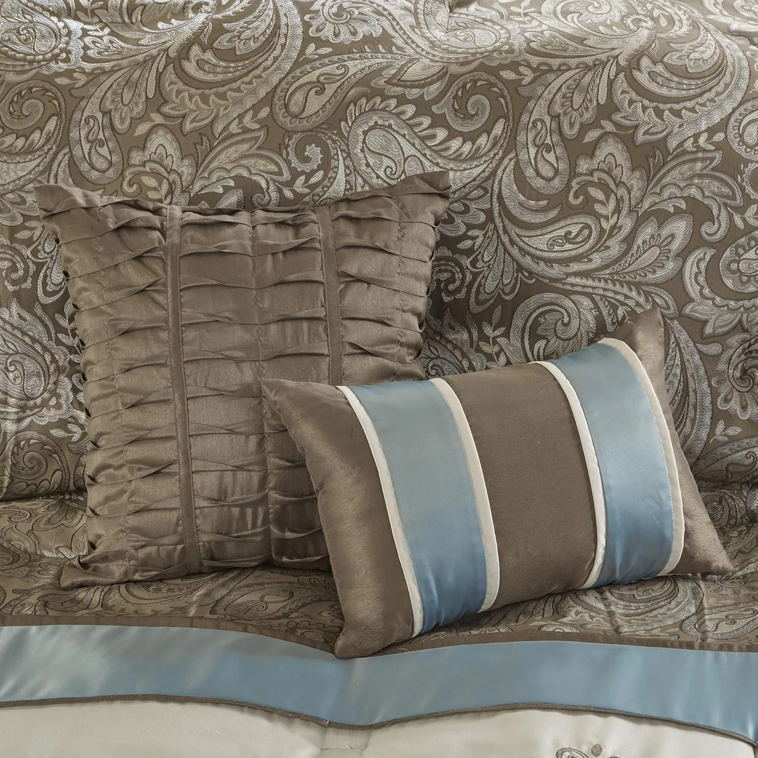 Madison Park Comforter Faux Silk-Traditional Luxurious Jacquard Design All Season Set, Matching Bed Skirt, Decorative Pillows, Cal King(104"x92"), Blue 7 Piece