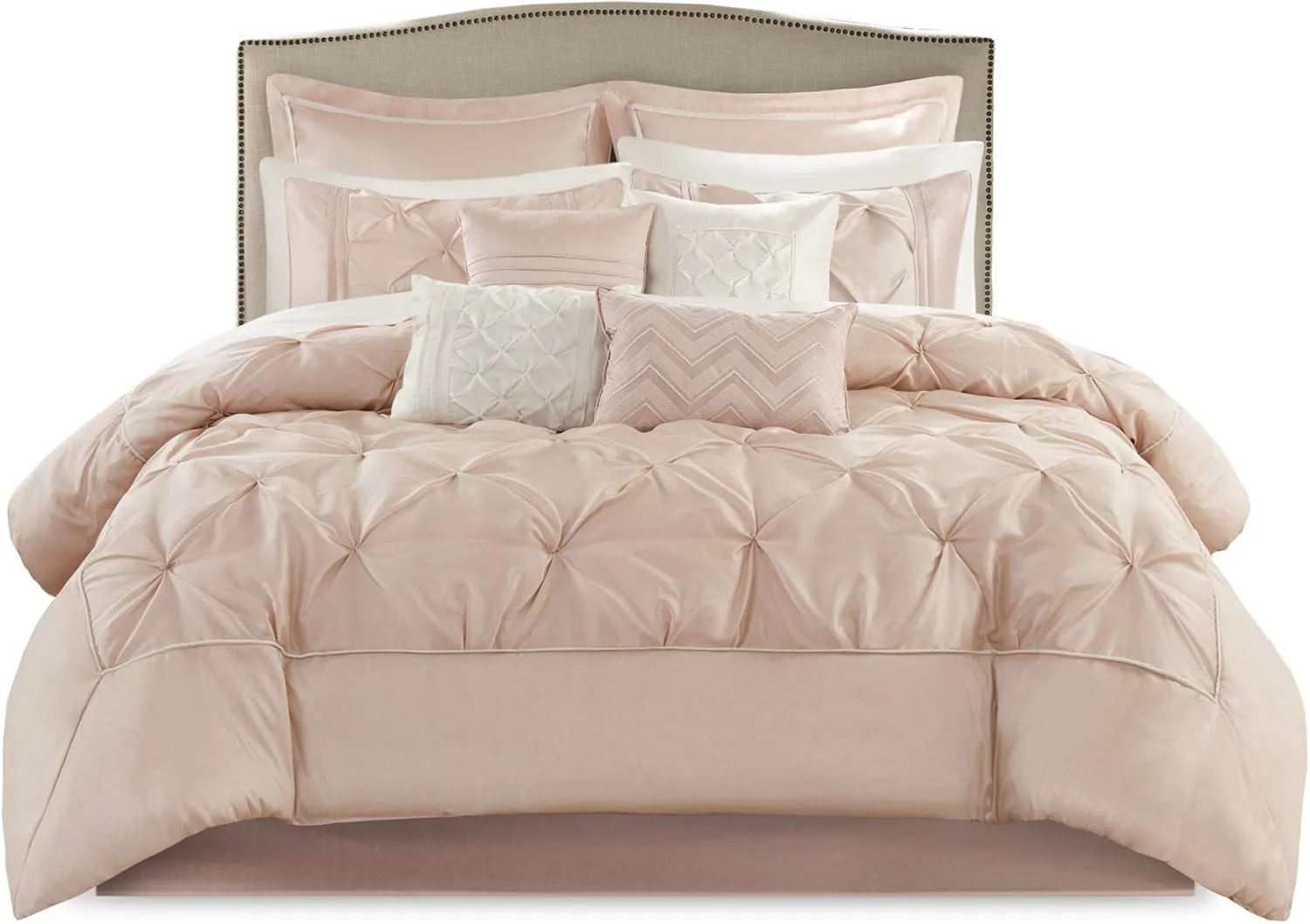 Madison Park Essentials Room in a Bag Faux Silk Comforter Set-Luxe Diamond Tufting All Season Bedding, Matching Curtains, Decorative Pillows, Cal King(104"x92"), Blush 24 Piece (MPE10-811)