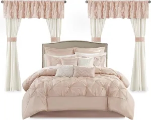 Madison Park Essentials Room in a Bag Faux Silk Comforter Set-Luxe Diamond Tufting All Season Bedding, Matching Curtains, Decorative Pillows, Cal King(104"x92"), Blush 24 Piece (MPE10-811)
