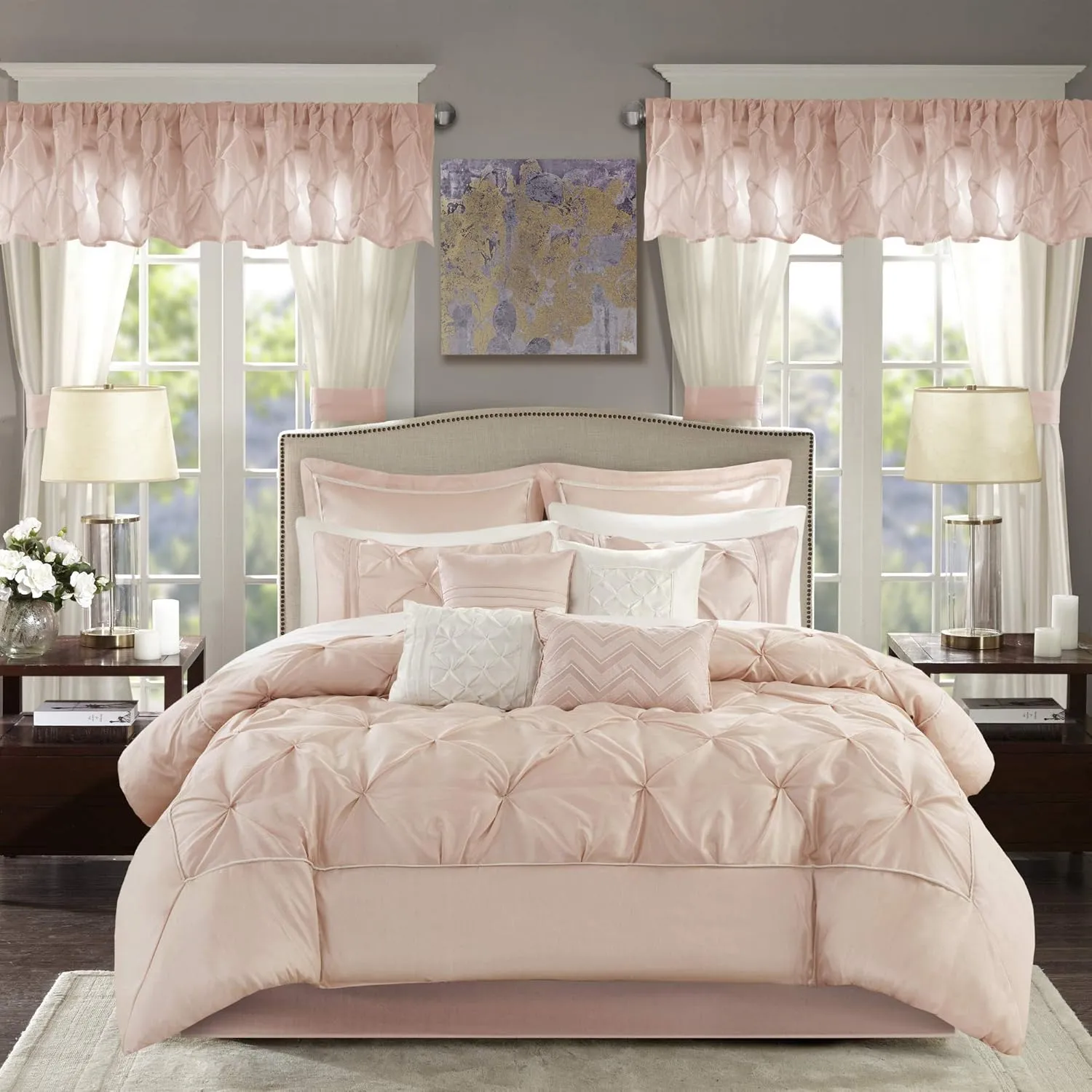 Madison Park Essentials Room in a Bag Faux Silk Comforter Set-Luxe Diamond Tufting All Season Bedding, Matching Curtains, Decorative Pillows, Cal King(104"x92"), Blush 24 Piece (MPE10-811)