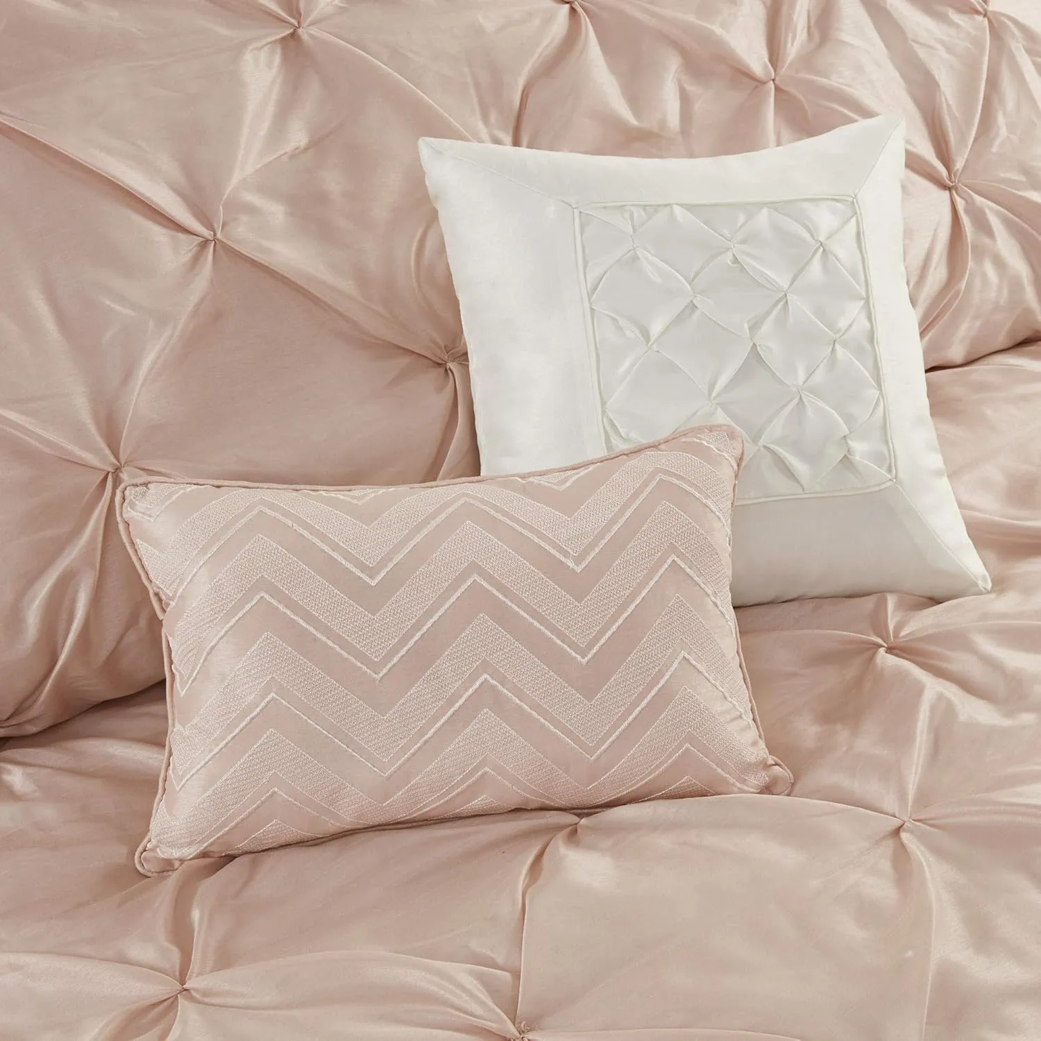 Madison Park Essentials Room in a Bag Faux Silk Comforter Set-Luxe Diamond Tufting All Season Bedding, Matching Curtains, Decorative Pillows, Cal King(104"x92"), Blush 24 Piece (MPE10-811)