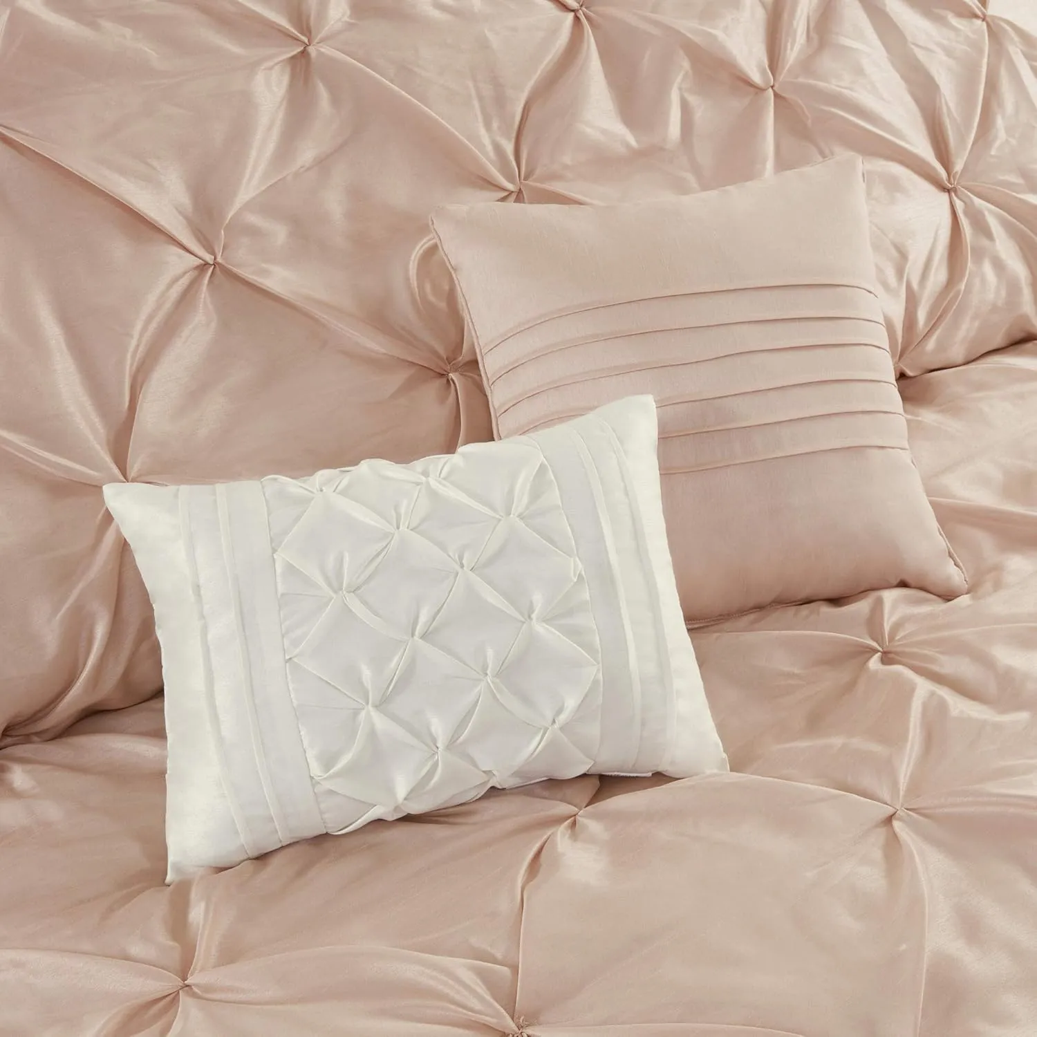 Madison Park Essentials Room in a Bag Faux Silk Comforter Set-Luxe Diamond Tufting All Season Bedding, Matching Curtains, Decorative Pillows, Cal King(104"x92"), Blush 24 Piece (MPE10-811)