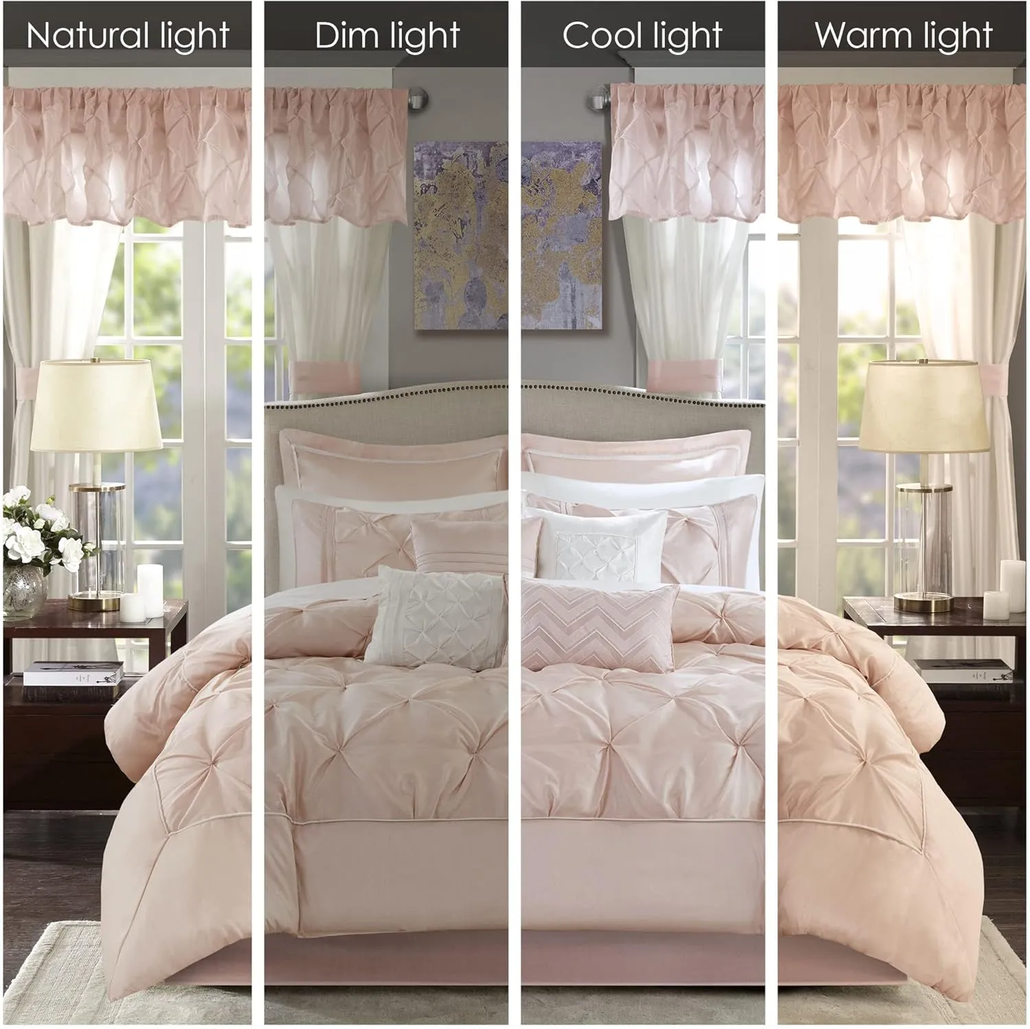 Madison Park Essentials Room in a Bag Faux Silk Comforter Set-Luxe Diamond Tufting All Season Bedding, Matching Curtains, Decorative Pillows, Cal King(104"x92"), Blush 24 Piece (MPE10-811)
