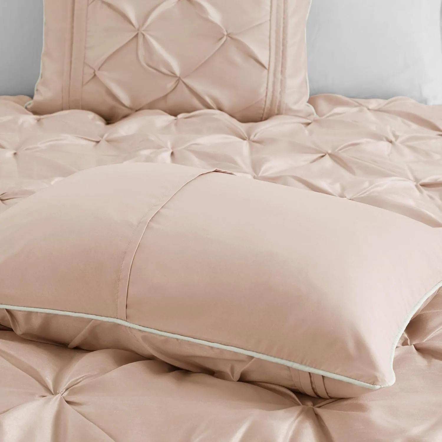 Madison Park Essentials Room in a Bag Faux Silk Comforter Set-Luxe Diamond Tufting All Season Bedding, Matching Curtains, Decorative Pillows, Cal King(104"x92"), Blush 24 Piece (MPE10-811)