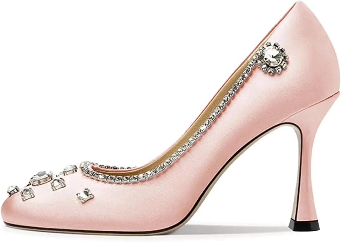 Maiyang Women Square Toe Rhinestone Studded Graceful Satin Pumps Slip on High Heel Wedding Party Formal Shoes Size 4-16 US