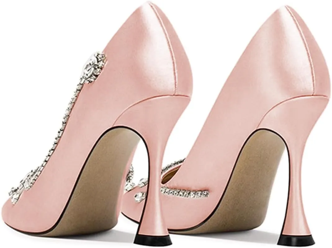 Maiyang Women Square Toe Rhinestone Studded Graceful Satin Pumps Slip on High Heel Wedding Party Formal Shoes Size 4-16 US