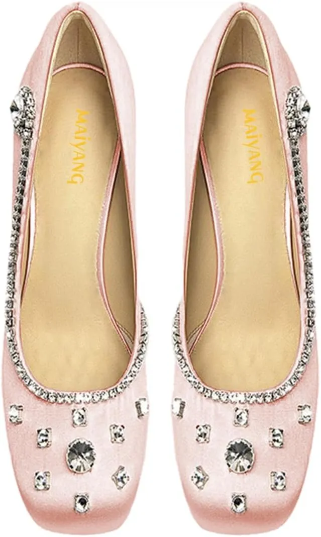Maiyang Women Square Toe Rhinestone Studded Graceful Satin Pumps Slip on High Heel Wedding Party Formal Shoes Size 4-16 US