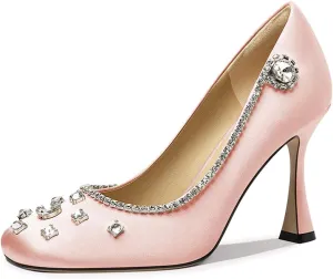 Maiyang Women Square Toe Rhinestone Studded Graceful Satin Pumps Slip on High Heel Wedding Party Formal Shoes Size 4-16 US