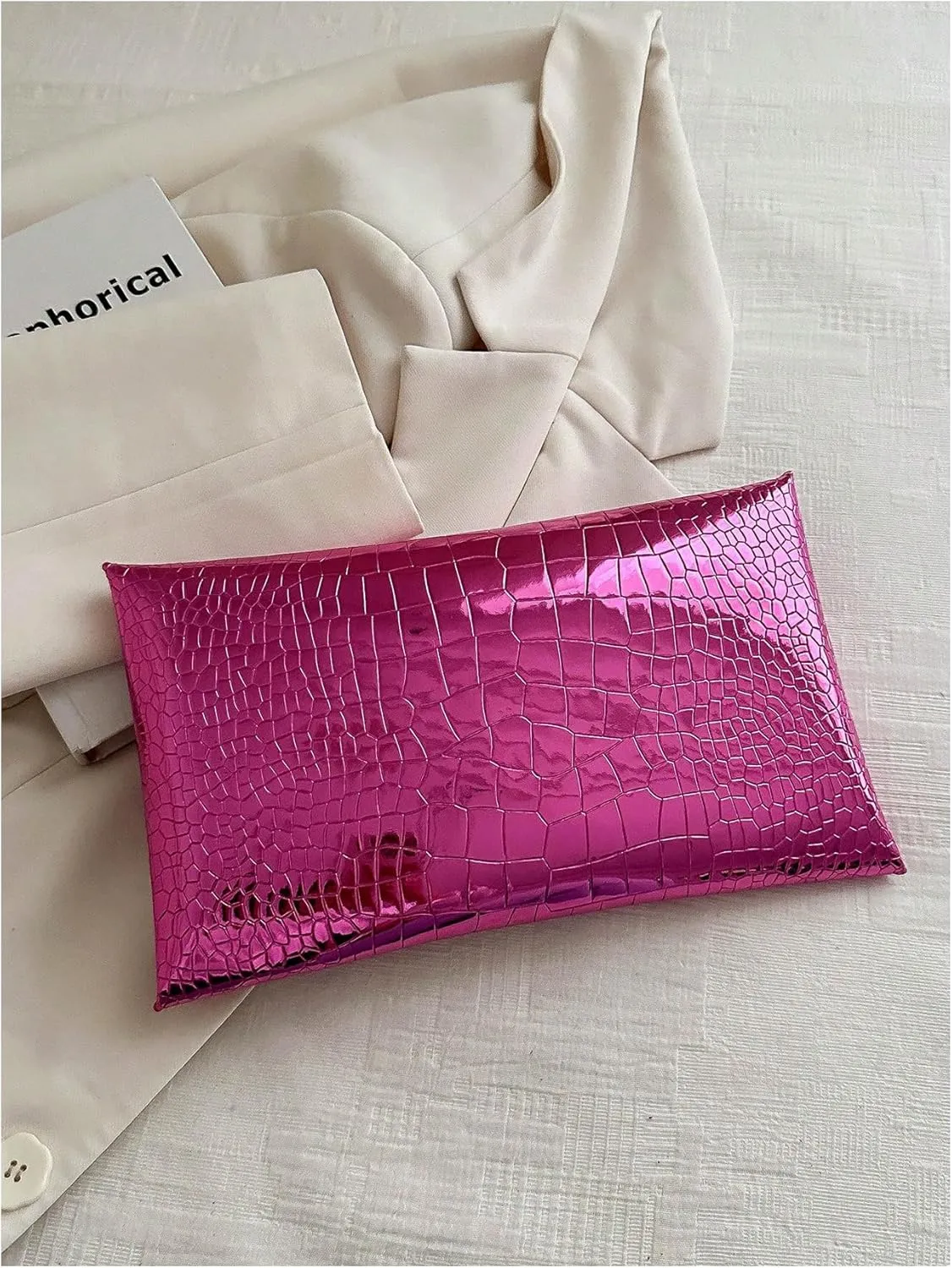 MakeMeChic Women's Glitter Crocodile PU Leather Envelope Medium Evening Bag Clutch Handbags