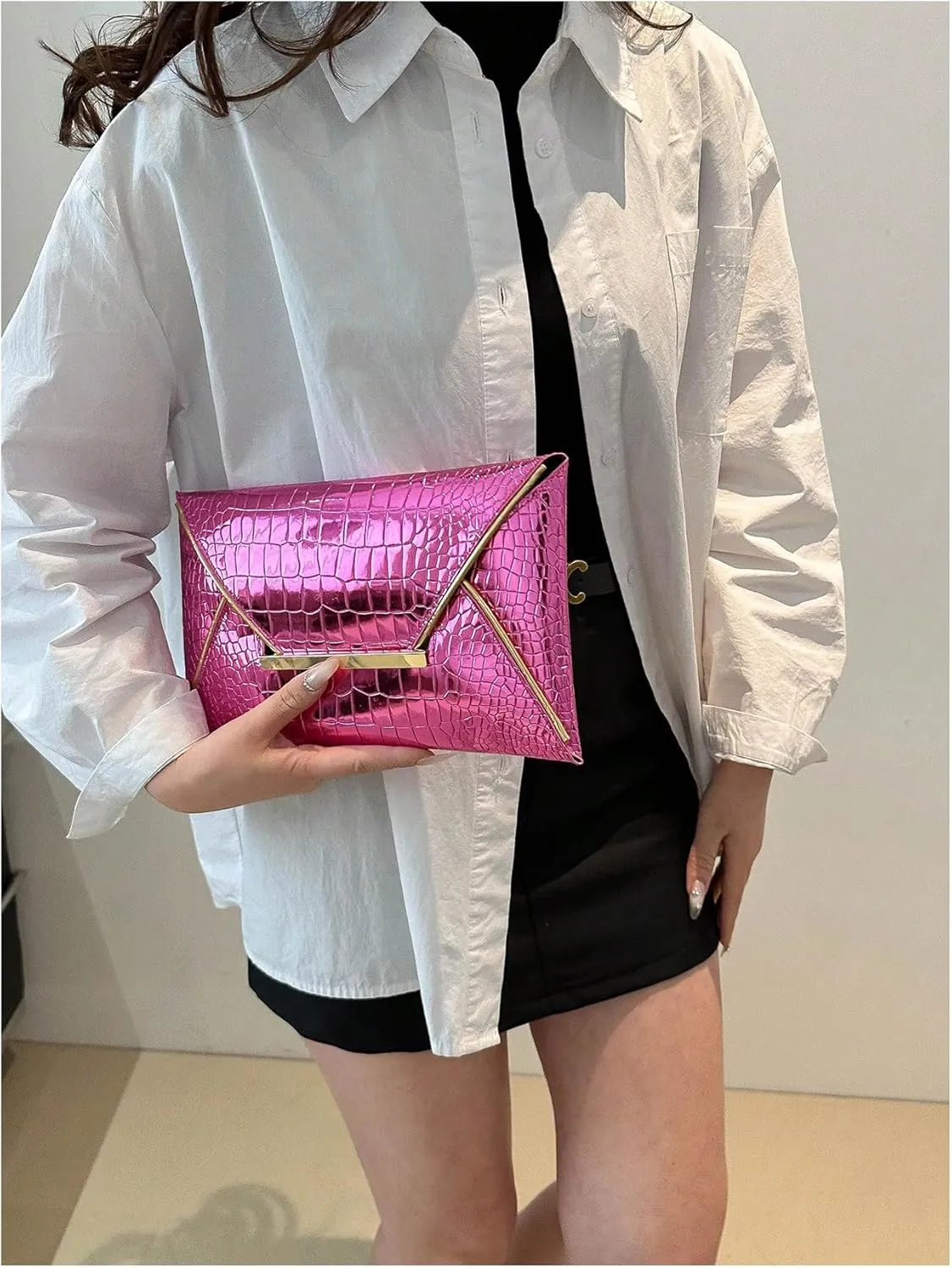 MakeMeChic Women's Glitter Crocodile PU Leather Envelope Medium Evening Bag Clutch Handbags