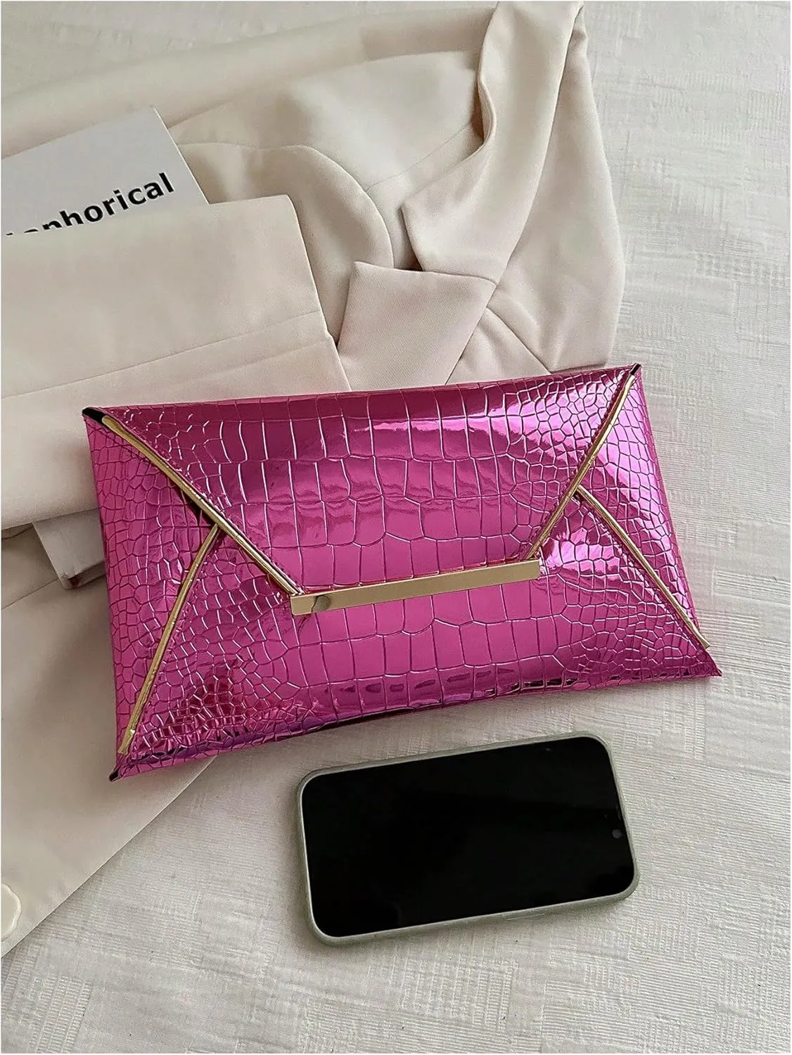 MakeMeChic Women's Glitter Crocodile PU Leather Envelope Medium Evening Bag Clutch Handbags