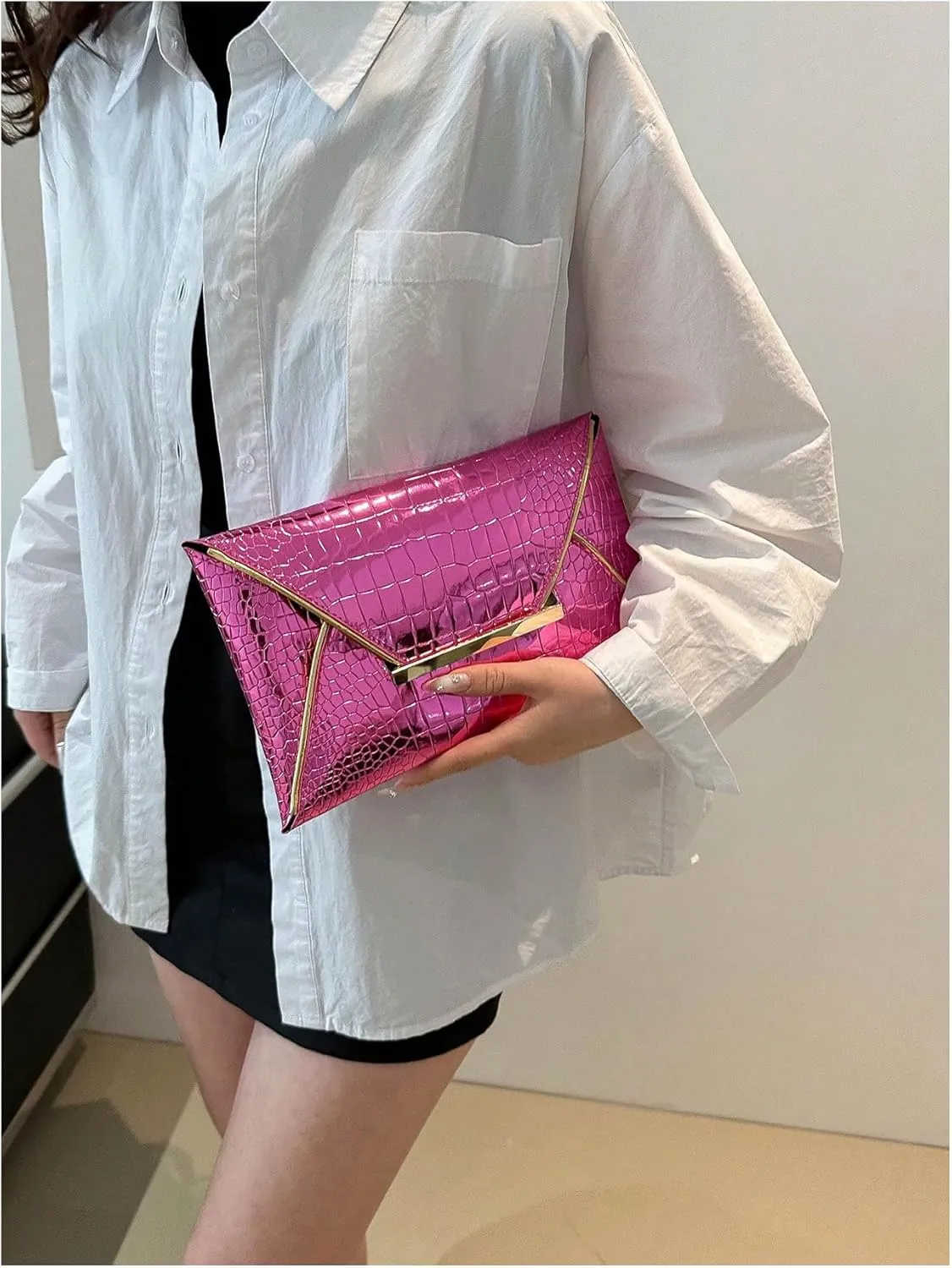 MakeMeChic Women's Glitter Crocodile PU Leather Envelope Medium Evening Bag Clutch Handbags