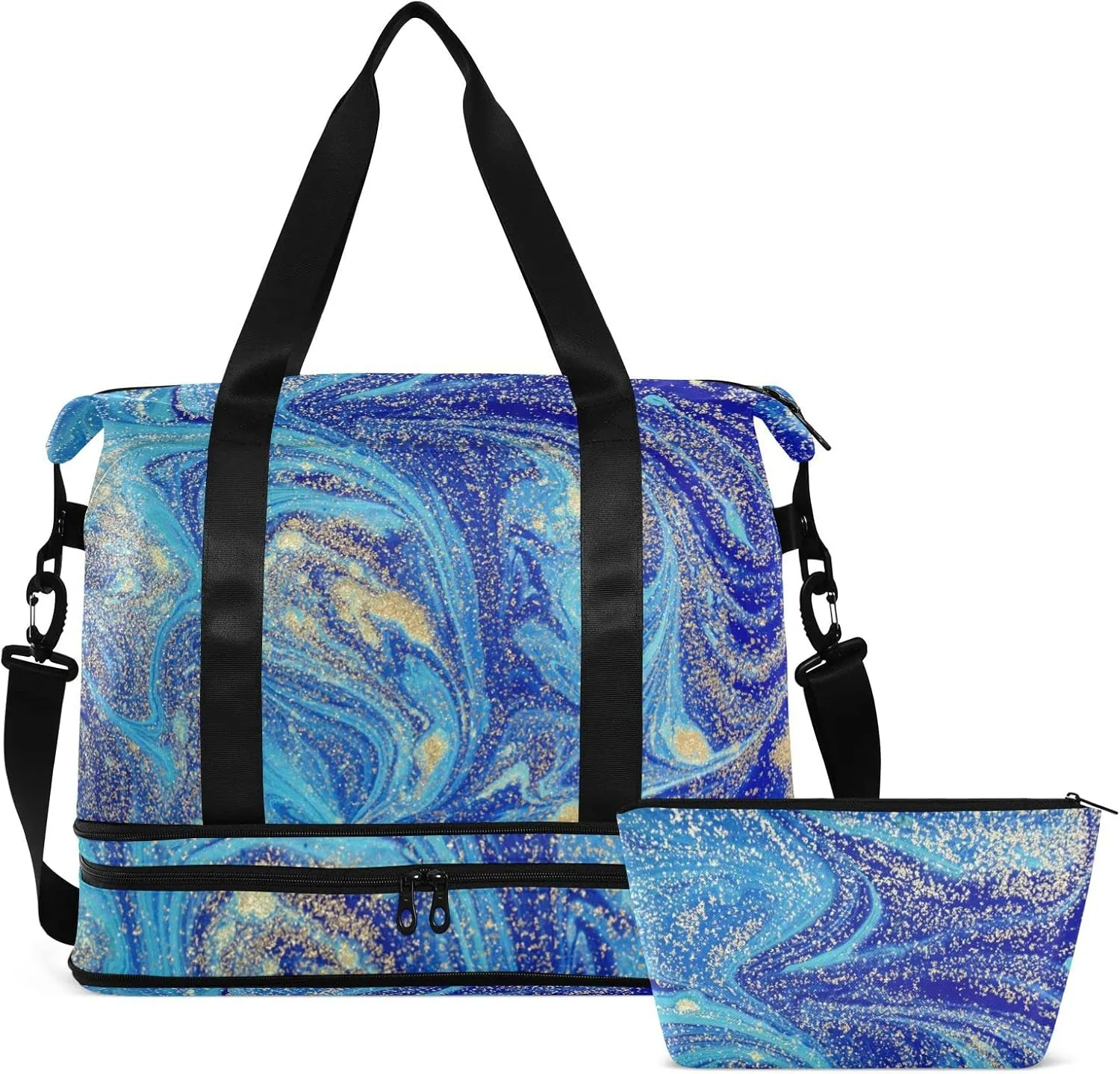 Marbled Blue Abstract Golden Sequins Liquid Ink Paint Gym Duffel Bag, Polyester Travel Weekender Luggage Handbag with Waterproof Pocket for Wet Items, Unisex Foldable Tote for Sports