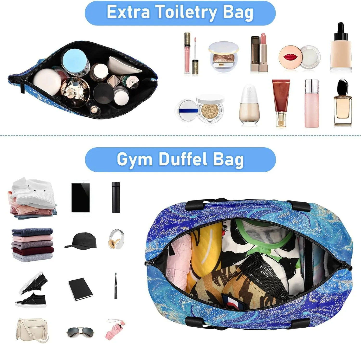 Marbled Blue Abstract Golden Sequins Liquid Ink Paint Gym Duffel Bag, Polyester Travel Weekender Luggage Handbag with Waterproof Pocket for Wet Items, Unisex Foldable Tote for Sports