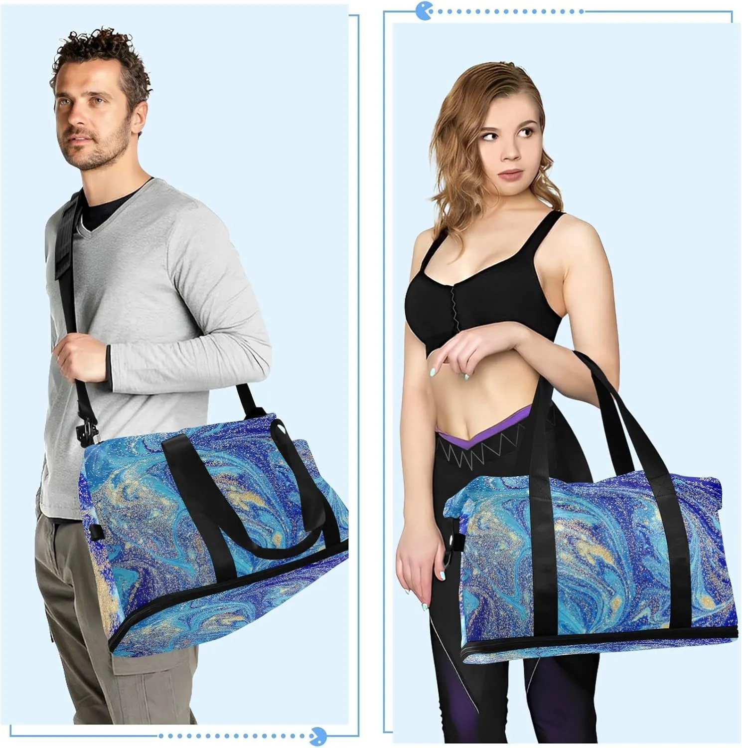 Marbled Blue Abstract Golden Sequins Liquid Ink Paint Gym Duffel Bag, Polyester Travel Weekender Luggage Handbag with Waterproof Pocket for Wet Items, Unisex Foldable Tote for Sports