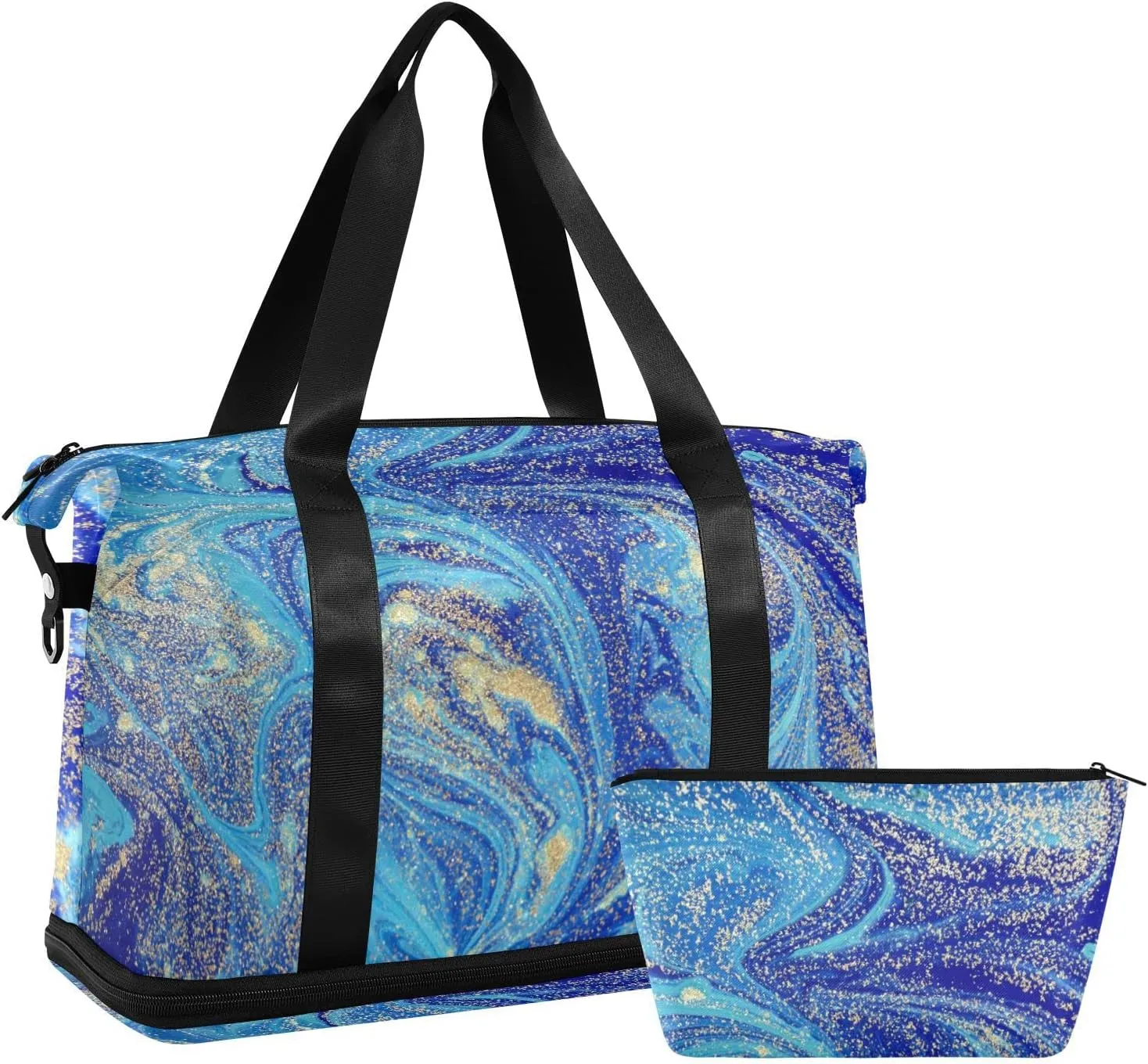 Marbled Blue Abstract Golden Sequins Liquid Ink Paint Gym Duffel Bag, Polyester Travel Weekender Luggage Handbag with Waterproof Pocket for Wet Items, Unisex Foldable Tote for Sports