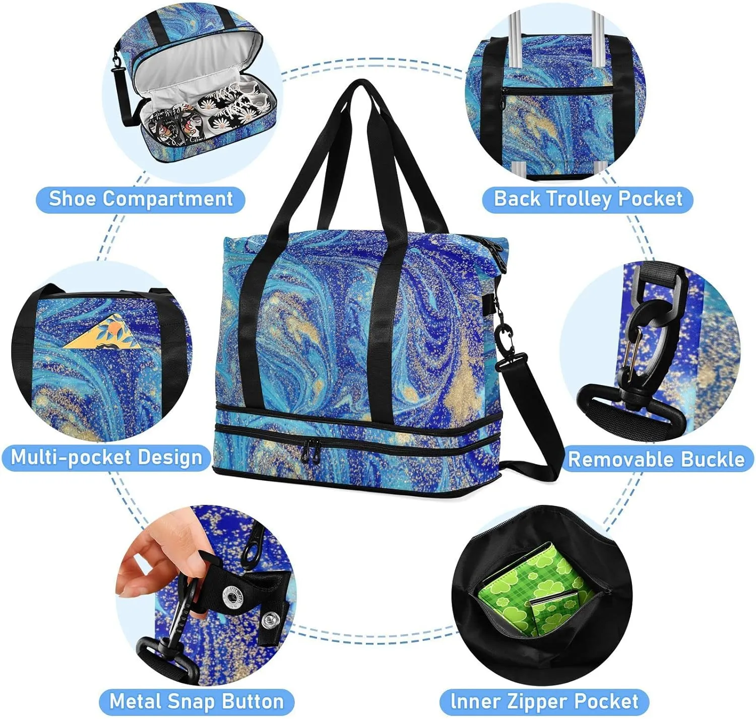 Marbled Blue Abstract Golden Sequins Liquid Ink Paint Gym Duffel Bag, Polyester Travel Weekender Luggage Handbag with Waterproof Pocket for Wet Items, Unisex Foldable Tote for Sports
