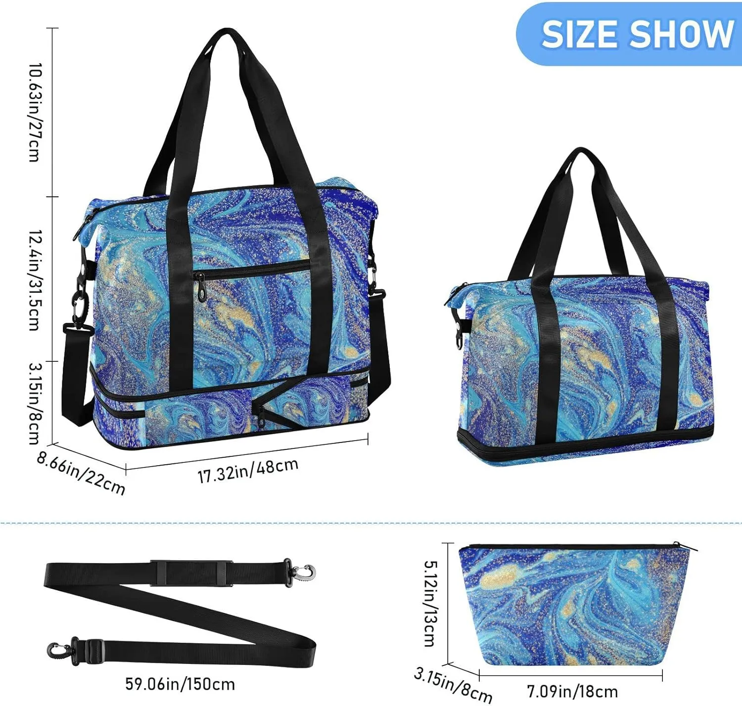 Marbled Blue Abstract Golden Sequins Liquid Ink Paint Gym Duffel Bag, Polyester Travel Weekender Luggage Handbag with Waterproof Pocket for Wet Items, Unisex Foldable Tote for Sports