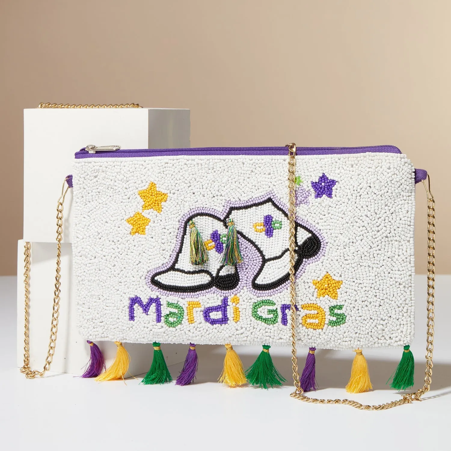 Mardi Gras Boots Seed Beads Clutch Bag with Tassels