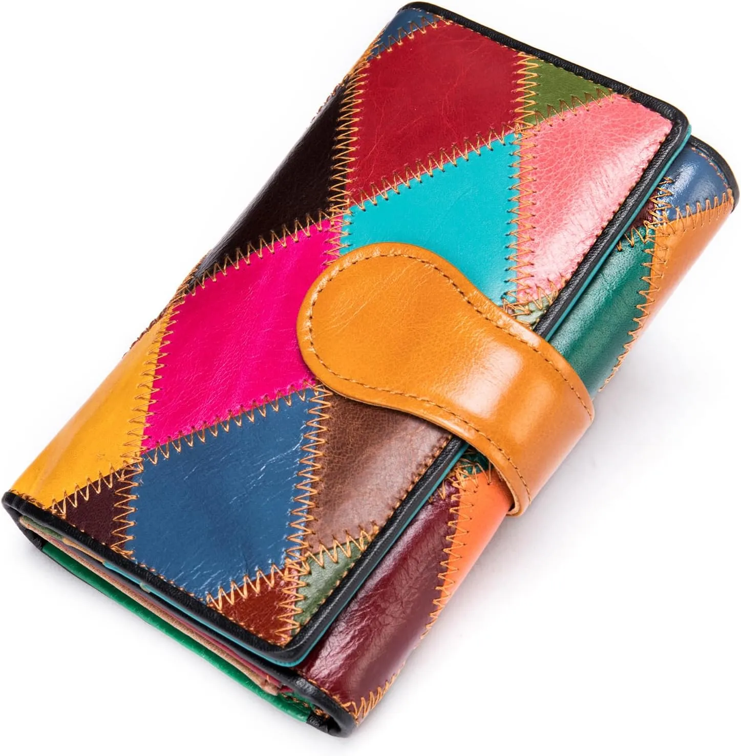 MASIWEI Genuine Leather Patchwork Wallet for Women Multicolor Trifold Wallets Ladies Card Holder Money Organizer with Coin Purse