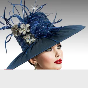 Mason - Feather & Jewel Flowers Hat - Navy