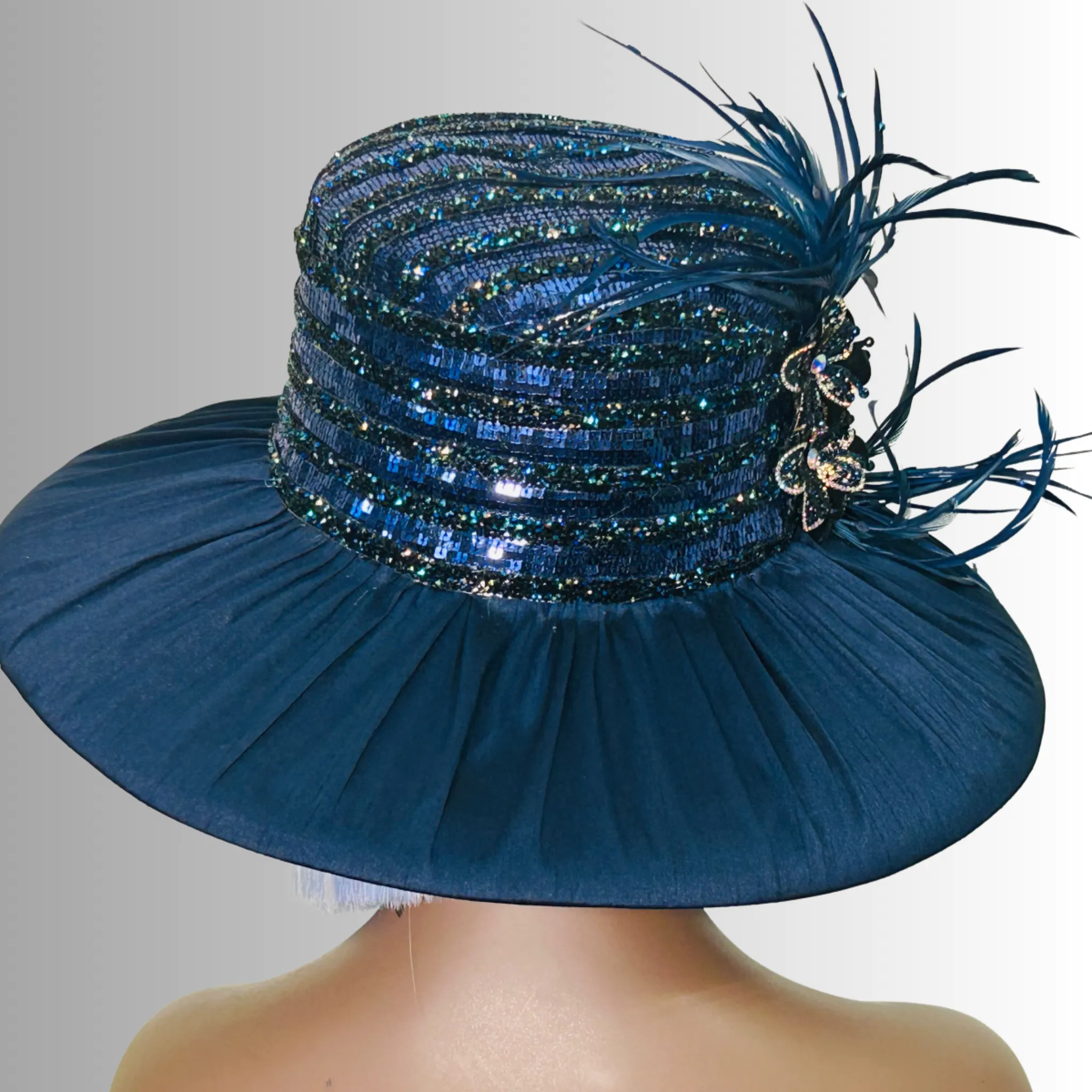 Mason - Feather & Jewel Flowers Hat - Navy