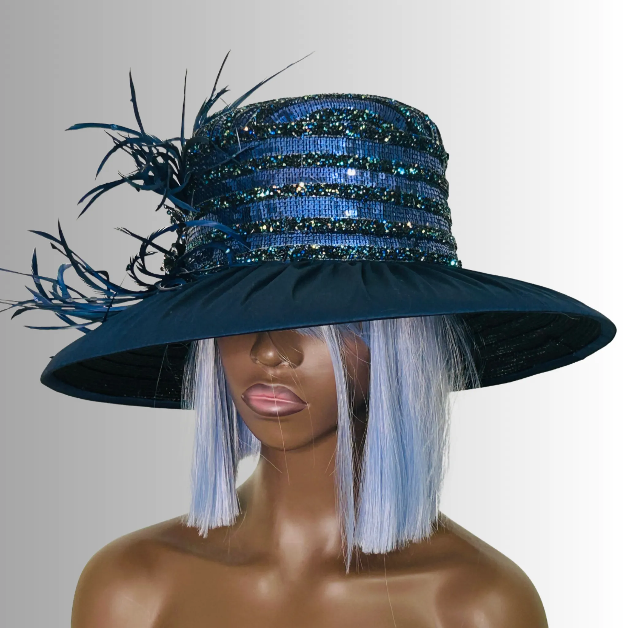 Mason - Feather & Jewel Flowers Hat - Navy