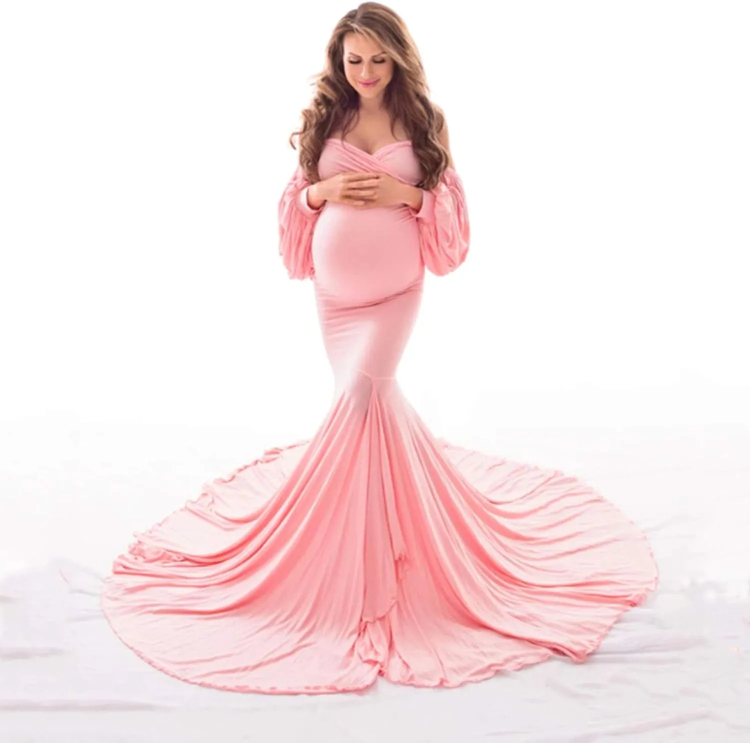 Maternity Dress for Photoshoot, Pregnant Women Off Shoulder Mermaid Baby Shower Maternity Gown for Photography Shooting
