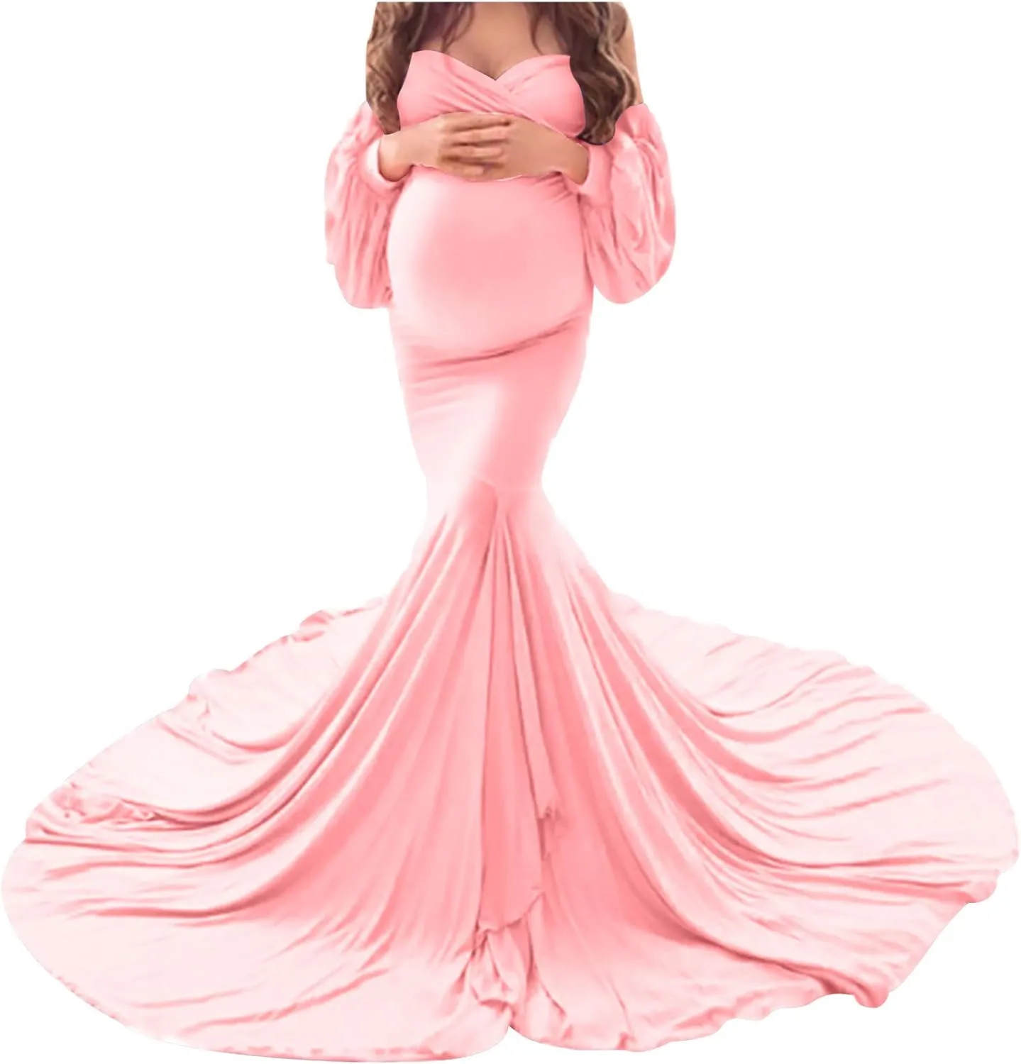 Maternity Dress for Photoshoot, Pregnant Women Off Shoulder Mermaid Baby Shower Maternity Gown for Photography Shooting