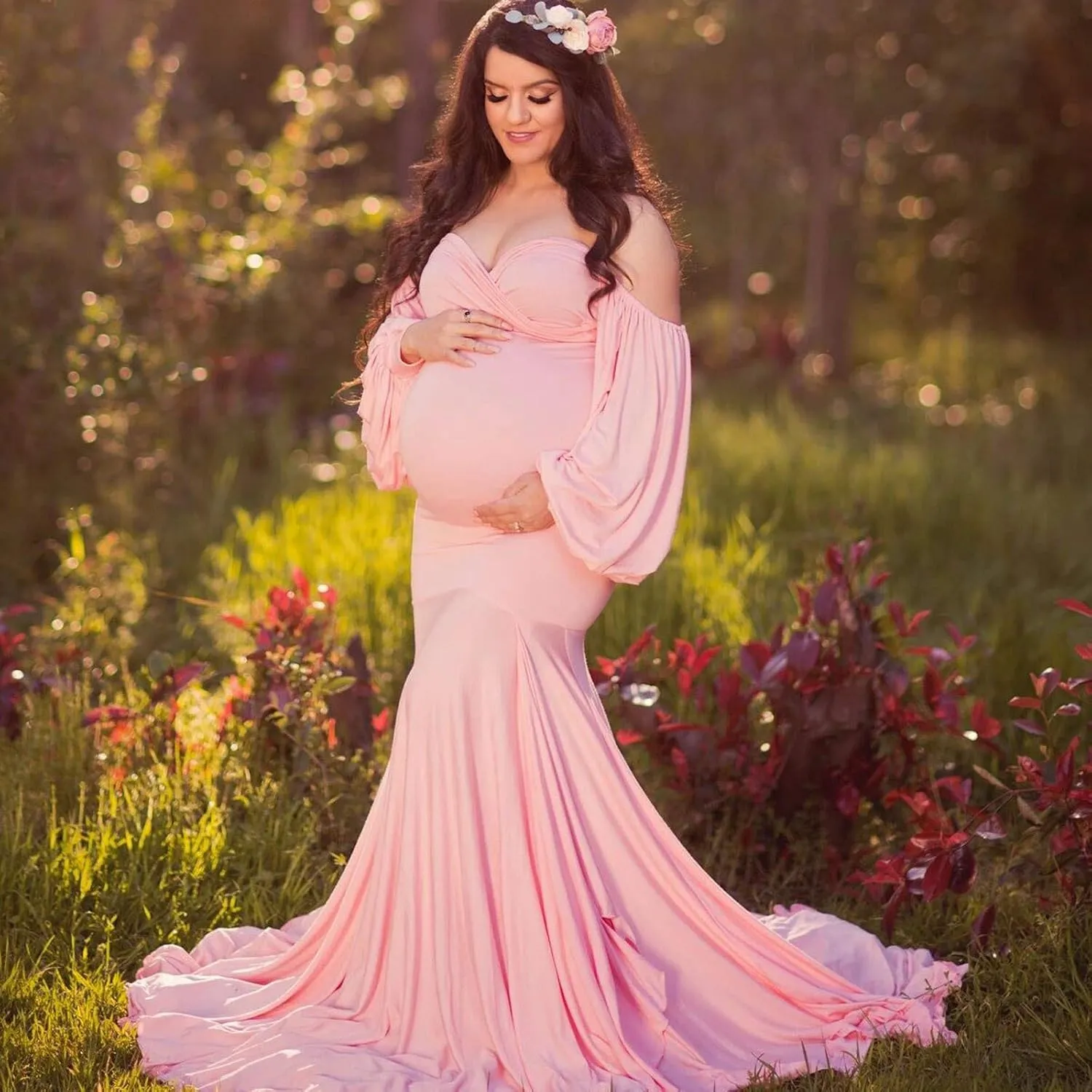 Maternity Dress for Photoshoot, Pregnant Women Off Shoulder Mermaid Baby Shower Maternity Gown for Photography Shooting