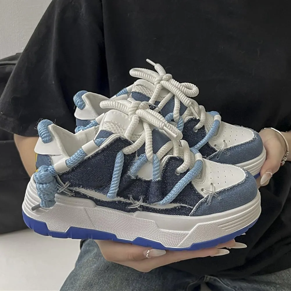 MAUGELY Women's Elevated Casual Sports Shoes Fashion Canvas Patchwork Breathable Walking Sneakers