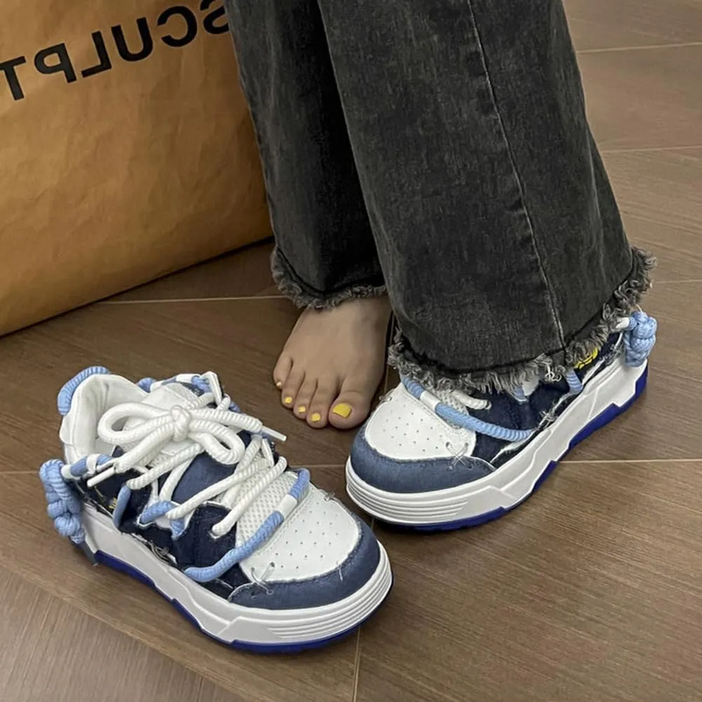 MAUGELY Women's Elevated Casual Sports Shoes Fashion Canvas Patchwork Breathable Walking Sneakers
