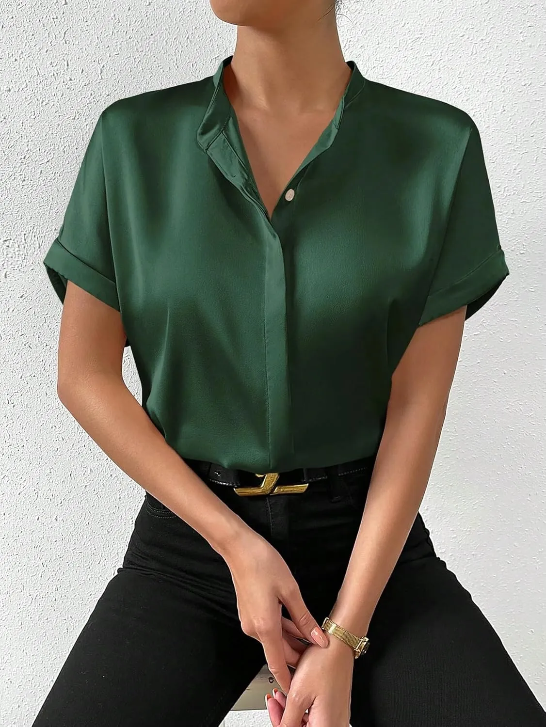 Maysoar Satin Blouses for Women Button Down Silk Shirts Batwing Sleeve Top Elegant Summer Office Work Shirt